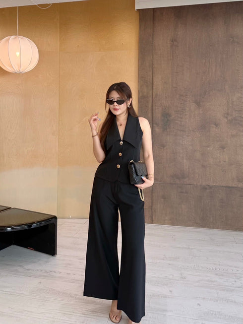 Two Piece Turn Down Collar Single Breasted Button Top with Trouser